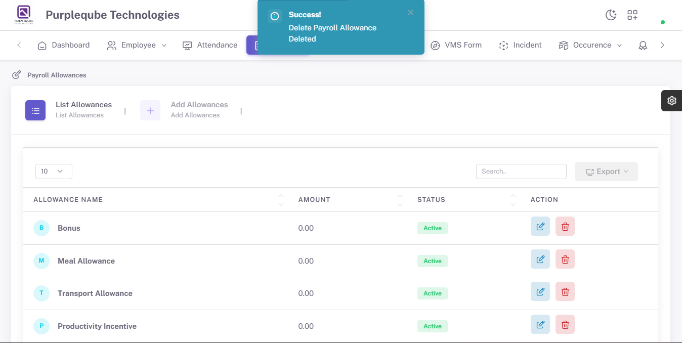 Success notification toast displaying Delete Payroll Allowance Deleted message with the Incentive allowance removed from the list showing Bonus, Meal Allowance, Transport Allowance, and Productivity Incentive